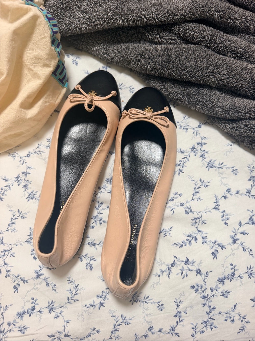 Tory Burch Blush Pink and Black Reva Leather Ballet Flats